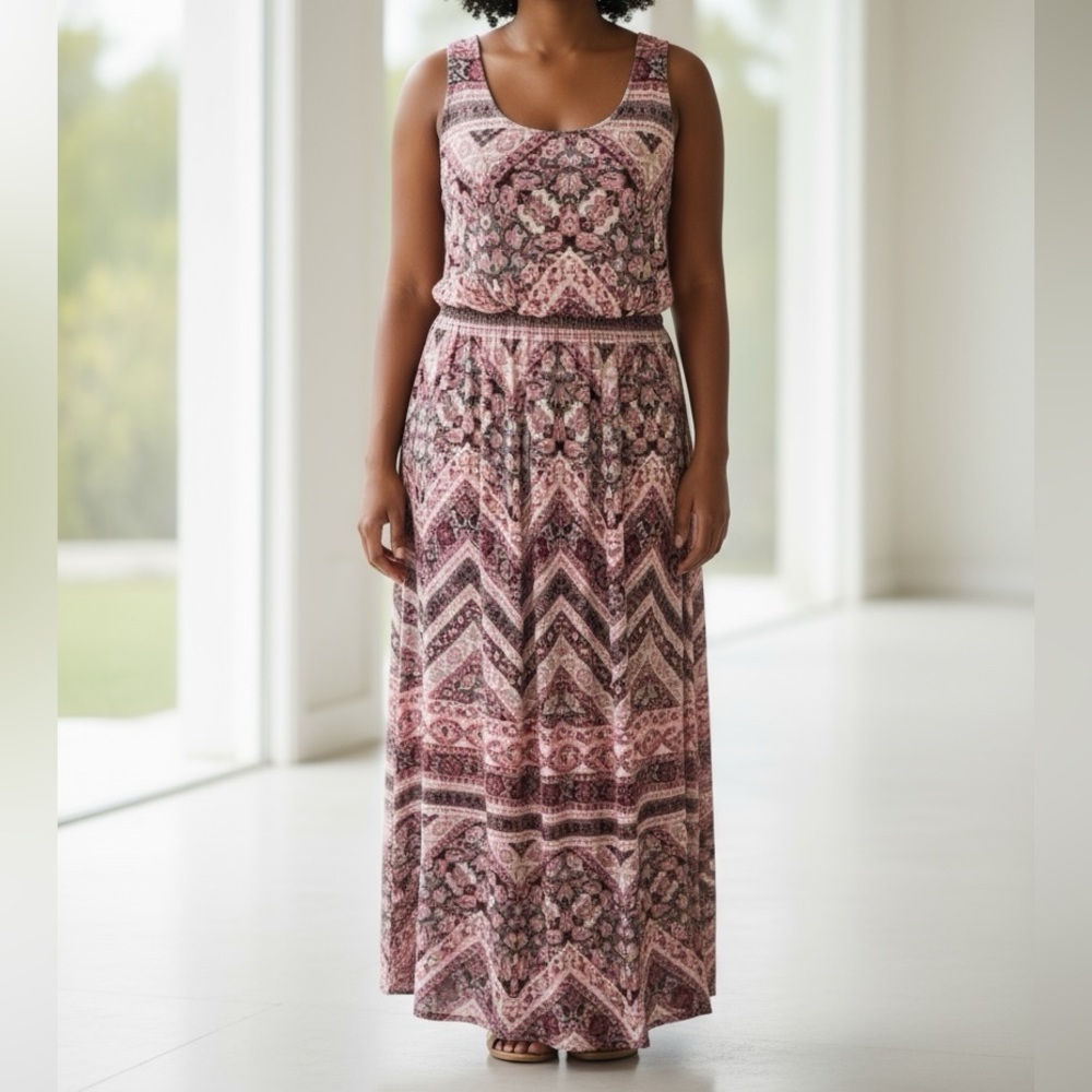 Maurices Sleeveless Floral & Strip Maxi Dress, Scoop Neck, Criss Cross Open Back